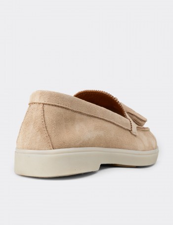 Kadın Hakiki Süet Bej Püsküllü Loafer - 02040ZBEJC01