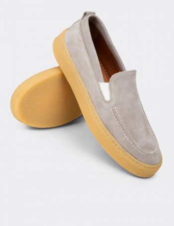 Erkek Hakiki Süet Gri Loafer Ayakkabı - 02047MGRIC01