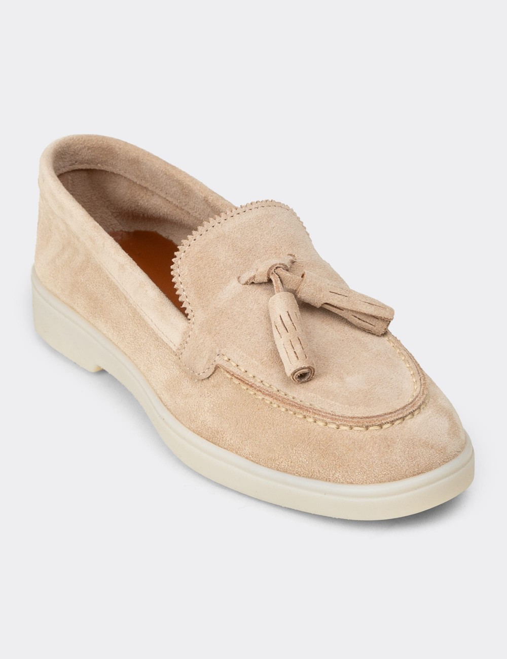Kadın Hakiki Süet Bej Püsküllü Loafer - 02040ZBEJC01