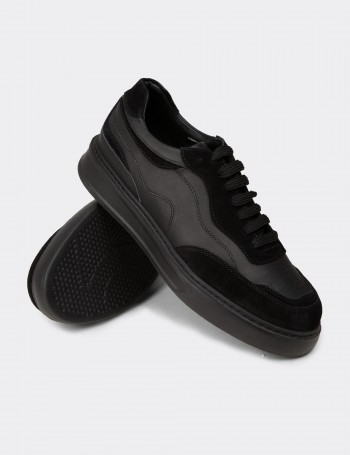 Erkek Siyah Hakiki Deri Sneaker Ayakkabı - 02013MSYHE01
