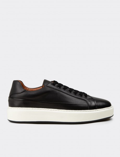 Erkek Siyah Hakiki Deri Sneaker Ayakkabı
