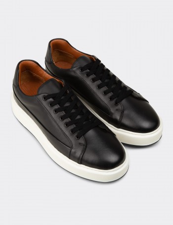 Erkek Siyah Hakiki Deri Sneaker Ayakkabı