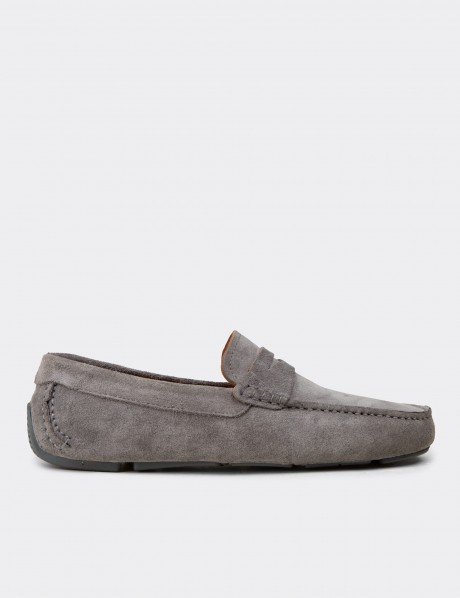 Erkek Hakiki Süet Gri Penny Loafer