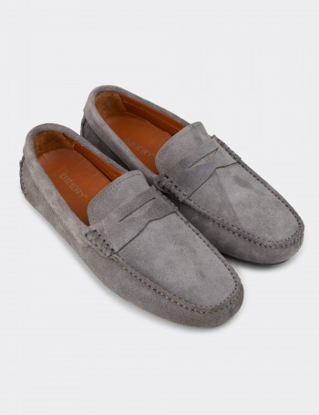 Erkek Hakiki Süet Gri Penny Loafer - E0920MGRIC01