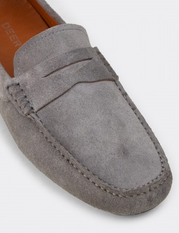 Erkek Hakiki Süet Gri Penny Loafer - E0920MGRIC01