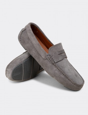 Erkek Hakiki Süet Gri Penny Loafer - E0920MGRIC01