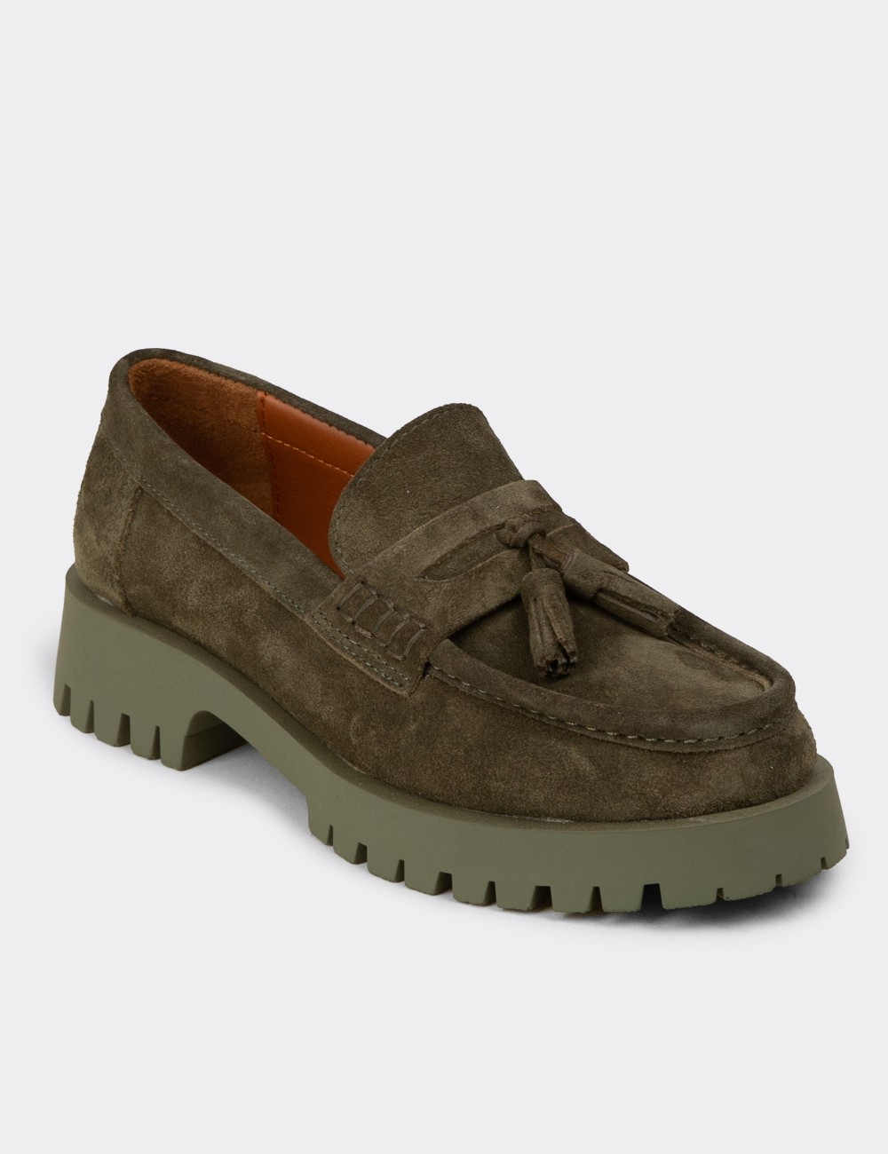 Kadın Hakiki Süet Haki Püsküllü Loafer - 02035ZHAKC03
