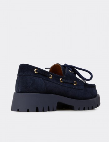 Kadın Hakiki Süet Lacivert Marin Loafer - 02036ZLCVC01
