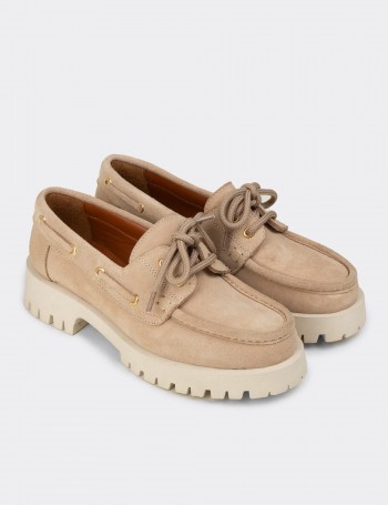 Kadın Hakiki Süet Bej Marin Loafer - 02036ZBEJC01