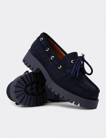 Kadın Hakiki Süet Lacivert Marin Loafer - 02036ZLCVC01