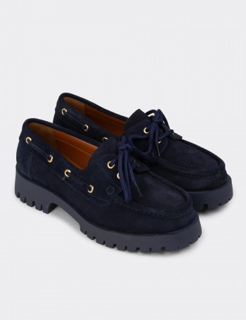 Kadın Hakiki Süet Lacivert Marin Loafer - 02036ZLCVC01