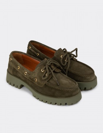 Kadın Hakiki Süet Yeşil Marin Loafer - 02036ZYSLC01