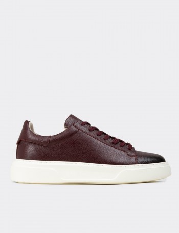 Erkek Bordo Hakiki Deri Sneaker Ayakkabı - 04651MBRDE01