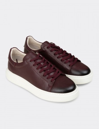 Erkek Bordo Hakiki Deri Sneaker Ayakkabı - 04651MBRDE01
