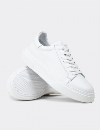 Erkek Hakiki Deri Beyaz Sneaker Ayakkabı - 04651MBYZE01