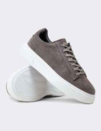 Erkek Hakiki Süet Gri Sneaker Ayakkabı - 04651MGRIE01