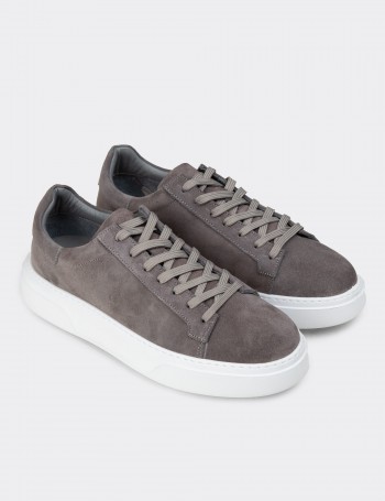 Erkek Hakiki Süet Gri Sneaker Ayakkabı - 04651MGRIE01
