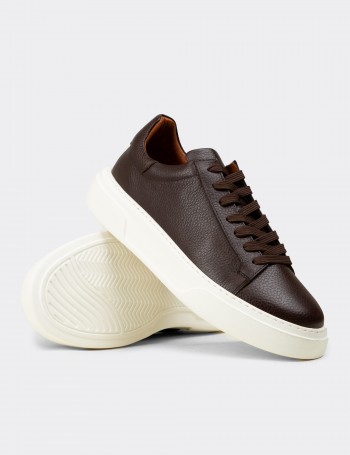 Erkek Hakiki Deri Kahverengi Sneaker Ayakkabı - 04651MKHVE01