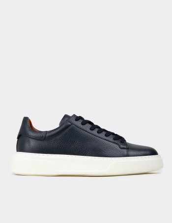 Erkek Hakiki Deri Lacivert Sneaker Ayakkabı