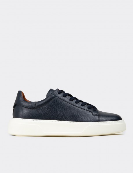 Erkek Hakiki Deri Lacivert Sneaker Ayakkabı