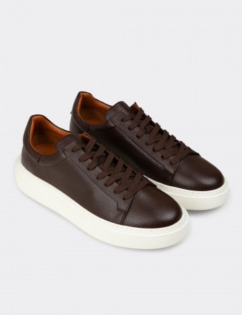 Erkek Hakiki Deri Kahverengi Sneaker Ayakkabı - 04651MKHVE01