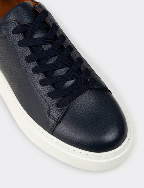 Erkek Hakiki Deri Lacivert Sneaker Ayakkabı
