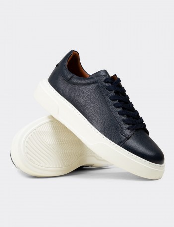 Erkek Hakiki Deri Lacivert Sneaker Ayakkabı - 04651MLCVE01