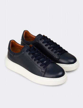 Erkek Hakiki Deri Lacivert Sneaker Ayakkabı - 04651MLCVE01
