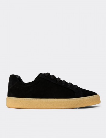 Erkek Hakiki Süet Siyah Sneaker Ayakkabı - 02018MSYHC04