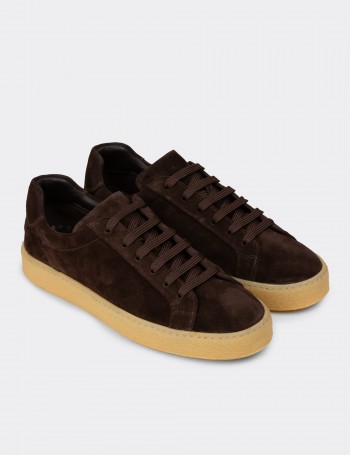 Erkek Hakiki Süet Kahverengi Sneaker - 02018MKHVC04
