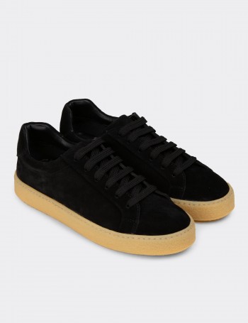 Erkek Hakiki Süet Siyah Sneaker Ayakkabı - 02018MSYHC04