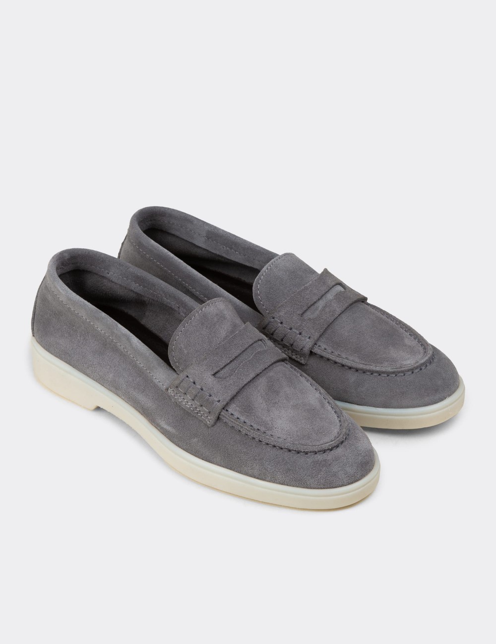 Kadın Hakiki Süet Gri Loafer Ayakkabı - 02038ZGRIC01