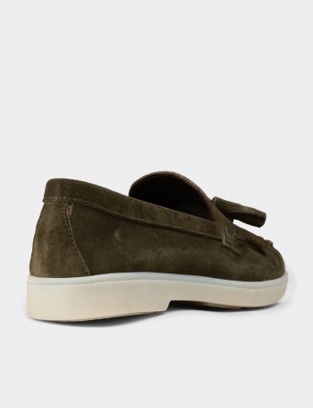 Kadın Hakiki Süet Yeşil Püsküllü Loafer - 02042ZYSLC01