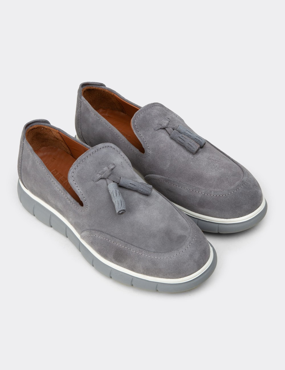 Erkek Hakiki Süet Gri Püsküllü Loafer - 02048MGRIE01