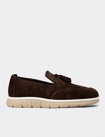 Erkek Kahverengi Hakiki Süet Püsküllü Loafer - 02048MKHVE02
