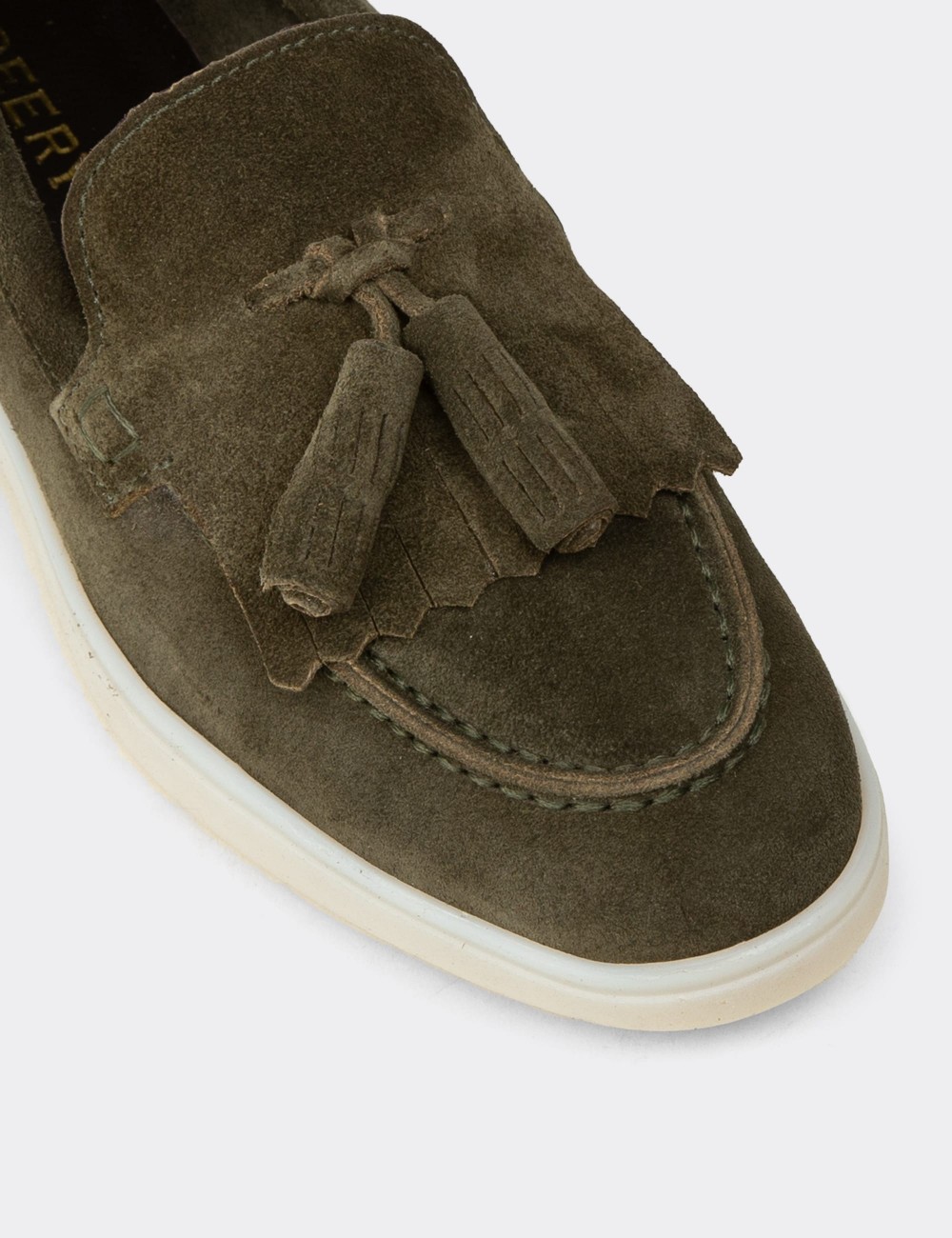 Kadın Hakiki Süet Yeşil Püsküllü Loafer - 02042ZYSLC01
