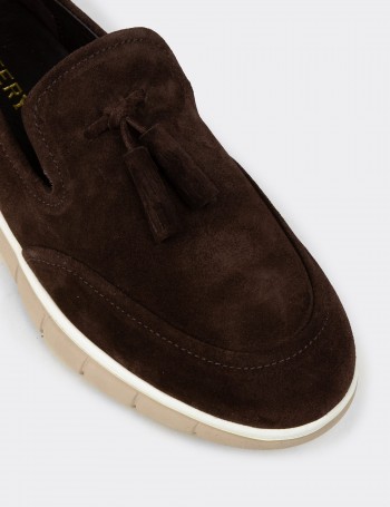Erkek Kahverengi Hakiki Süet Püsküllü Loafer - 02048MKHVE02