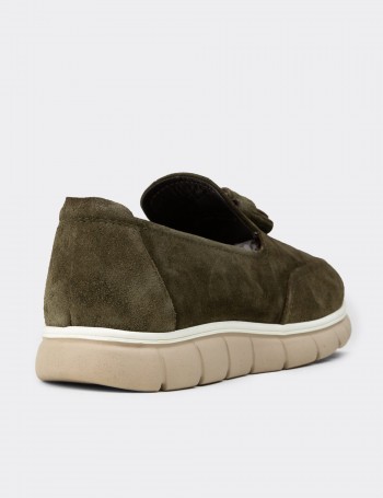 Erkek Hakiki Süet Yeşil Püsküllü Loafer - 02048MYSLE01