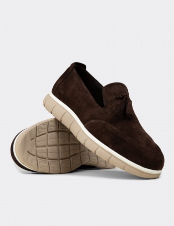 Erkek Kahverengi Hakiki Süet Püsküllü Loafer - 02048MKHVE02