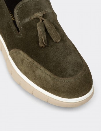 Erkek Hakiki Süet Yeşil Püsküllü Loafer - 02048MYSLE01