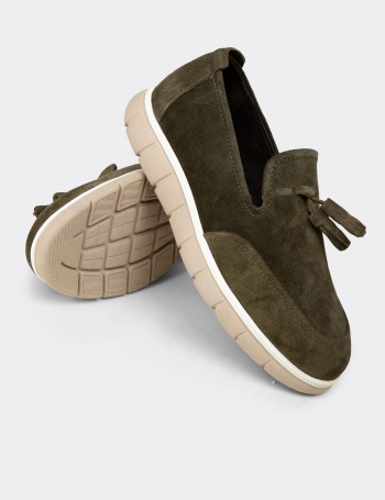 Erkek Hakiki Süet Yeşil Püsküllü Loafer - 02048MYSLE01