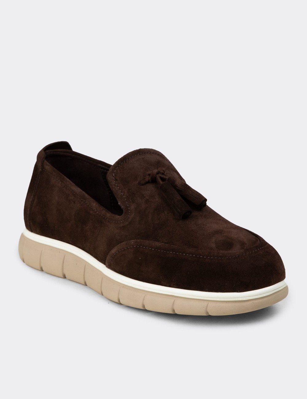 Erkek Kahverengi Hakiki Süet Püsküllü Loafer - 02048MKHVE02