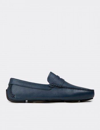 Erkek Hakiki Deri Mavi Loafer Penny