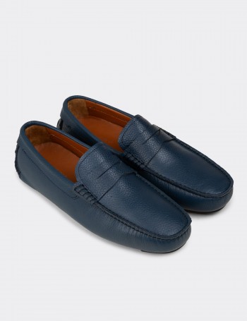 Erkek Hakiki Deri Mavi Loafer Penny