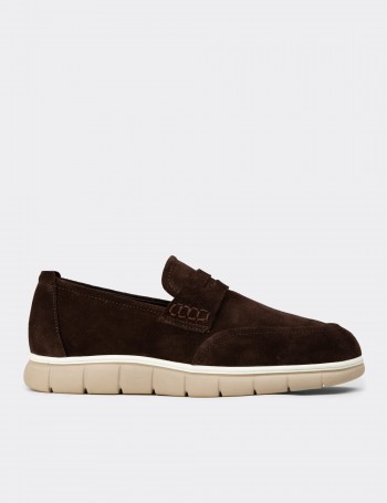 Erkek Hakiki Süet Kahverengi Loafer Ayakkabı - 02045MKHVE02