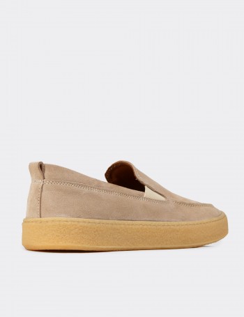 Erkek Hakiki Süet Bej Loafer Ayakkabı - 02047MBEJC01