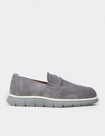 Erkek Gri Hakiki Süet Loafer Ayakkabı - 02045MGRIE01