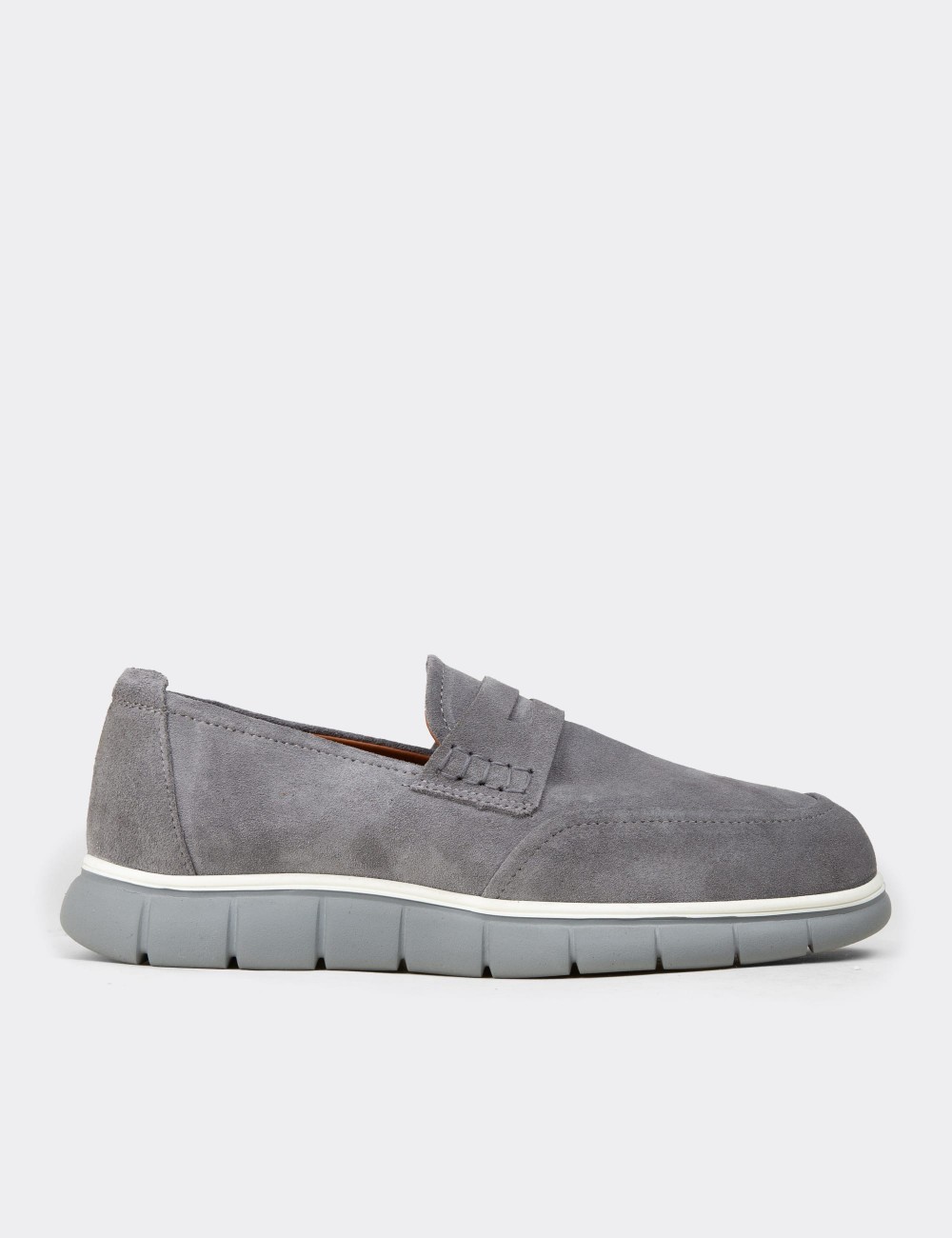 Erkek Gri Hakiki Süet Loafer Ayakkabı - 02045MGRIE01