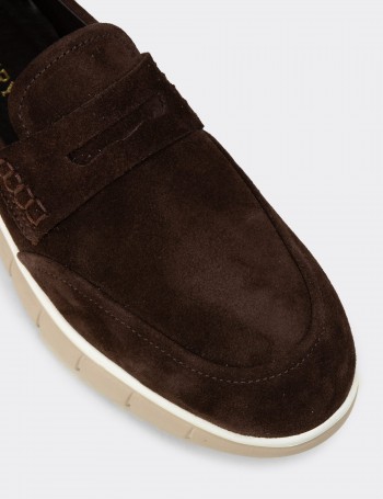 Erkek Hakiki Süet Kahverengi Loafer Ayakkabı - 02045MKHVE02