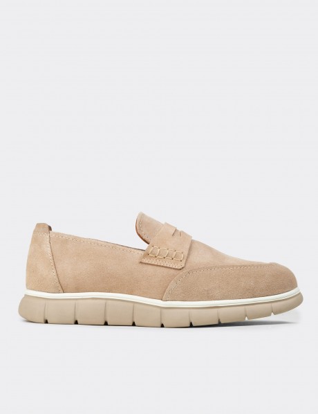 Erkek Bej Hakiki Süet Loafer Ayakkabı